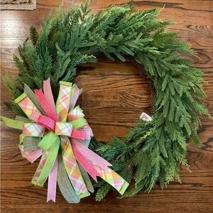 Green Holiday Wreath with Pink & Lime Plaid Ribbon Bow